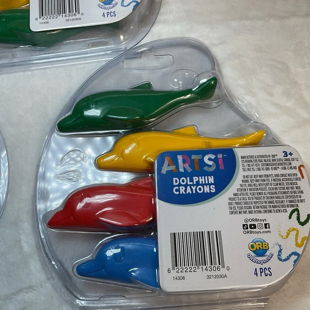 NEW LOT OF 3 Artsi Dolphin shape Crayons set 4 pc Red, Yellow, Blue, Green *